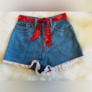 Route 66 Blue Jean Shorts with Red Bandana and White Lace